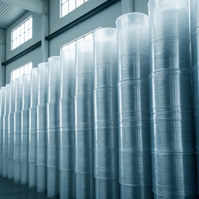 Stack of clear plastic cups in bulk packaging, clean background, ready for shipping