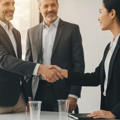 Professional photo of a business owner shaking hands with a supplier representative, demonstrating a successful partnership, with plastic cups in the background