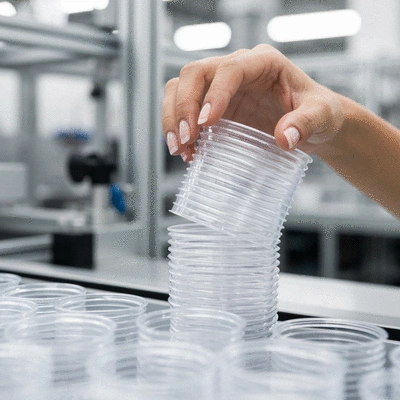 Close-up of a hand inspecting a stack of clear plastic cups for quality control in a modern factory setting