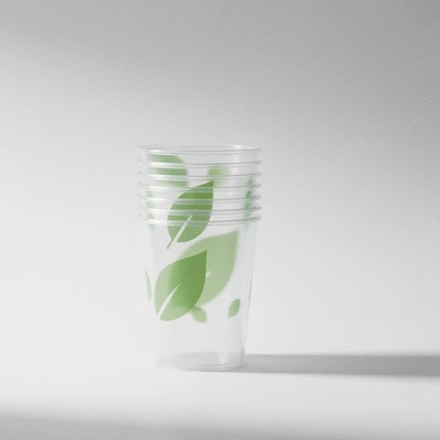 Stack of eco-friendly plastic cups with a green leaf design, clean background