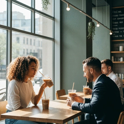 Branded custom printed plastic cups in a cafe setting, being used by customers, no text, no words, no typography, 8K