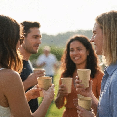 Biodegradable cups in use at an outdoor event, people socializing, natural lighting, soft focus background