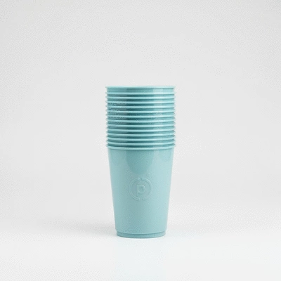 Stack of custom printed plastic cups with a subtle logo on a clean background, no text, no words, no typography, 8K