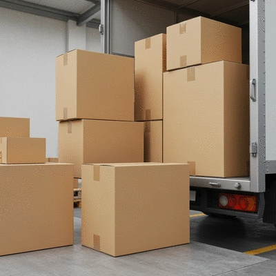 Cardboard shipping boxes being loaded onto a truck, representing bulk delivery