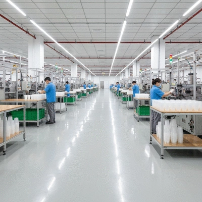 Modern factory floor producing sustainable plastic cups, bright and clean, no text, no words, no typography, 8K, product photography