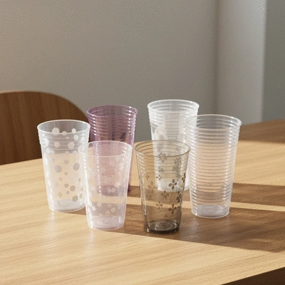 Assortment of eco-friendly and biodegradable plastic cups on a clean wooden table, natural lighting, no text, no words, no typography, 8K, product photography