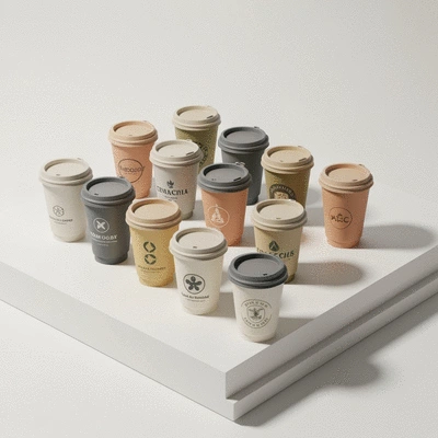 Assortment of eco-friendly custom printed cups with various brand logos on a clean, modern background, emphasizing sustainability