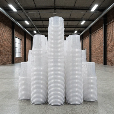 Large stack of clear plastic cups in a warehouse setting