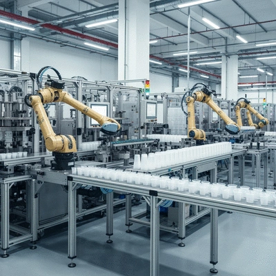 Modern factory floor with advanced machinery producing plastic cups, focusing on automation and quality control, clean industrial setting