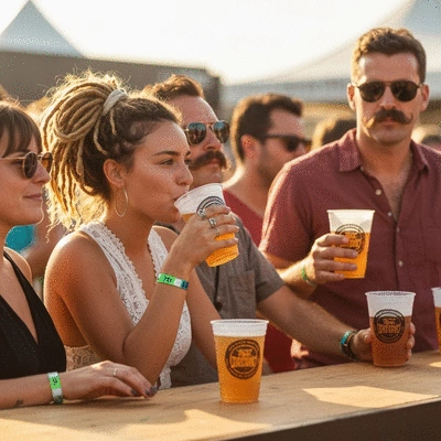 Custom printed plastic cups being used at a vibrant outdoor event, held by diverse people, showcasing brand logo clearly