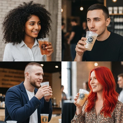 Variety of custom printed food-grade plastic cups for different brands