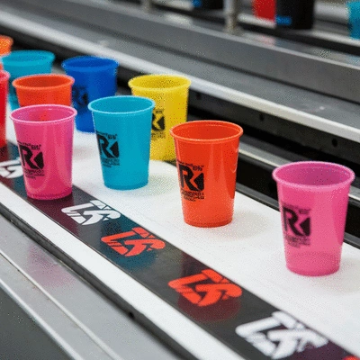 Close-up of custom plastic cups being printed with a logo on a production line