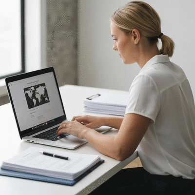 Person using a laptop to research suppliers